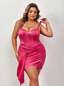 大碼褶邊緊身上衣緞面吊帶洋裝 - 粉色 - 查看 5