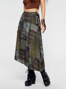 ROMWE Avant Patchwork Print Bow Decor Skirt - Dark Green - View 3