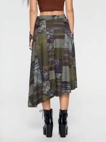 ROMWE Avant Patchwork Print Bow Decor Skirt - Dark Green - View 4
