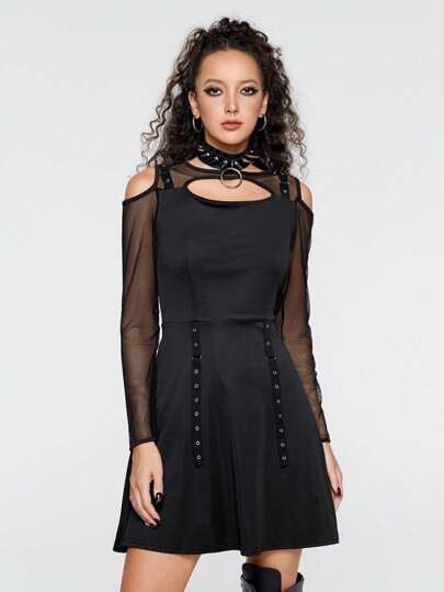 ROMWE Avant Contrast Mesh Cut Out Cold Shoulder Dress