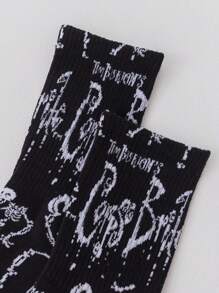 Corpse Bride | ROMWE 1雙女士骷髏圖案時尚中筒襪 - 黑色 - 查看 5