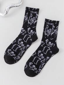Corpse Bride | ROMWE 1雙女士骷髏圖案時尚中筒襪 - 黑色 - 查看 6