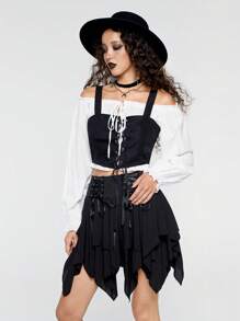 ROMWE Avant Off The Shoulder Frill Blouse & Lace Up Cami - Black and White - View 1