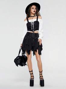 ROMWE Avant Off The Shoulder Frill Blouse & Lace Up Cami - Black and White - View 5