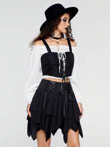 ROMWE Avant Off The Shoulder Frill Blouse & Lace Up Cami - Black and White - View 6