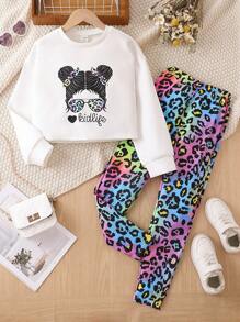 SHEIN 女大童人像圖案落肩袖運動衫和豹紋印花緊身打底褲 - 彩色 - 查看 1
