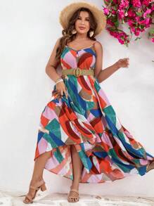 SHEIN VCAY 大碼撞色荷葉邊吊帶連衣裙不附腰帶 - 彩色 - 查看 1