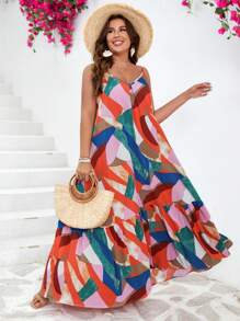 SHEIN VCAY 大碼撞色荷葉邊吊帶連衣裙不附腰帶 - 彩色 - 查看 3