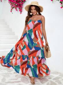 SHEIN VCAY 大碼撞色荷葉邊吊帶連衣裙不附腰帶 - 彩色 - 查看 4