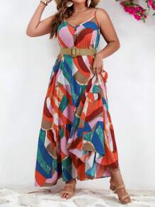 SHEIN VCAY 大碼撞色荷葉邊吊帶連衣裙不附腰帶 - 彩色 - 查看 6