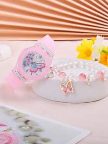 1入組兒童蝴蝶樣式發光圓形錶盤石英表和1入組手環 - 粉色 - 查看 6