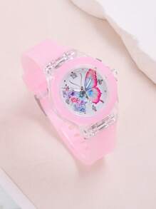 1入組兒童蝴蝶樣式發光圓形錶盤石英表和1入組手環 - 粉色 - 查看 7