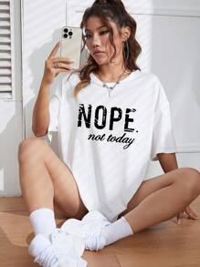 INAWLY Letter Graphic Drop Shoulder Tee Graphic Tees Women Tops - White - View 6