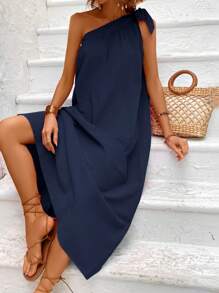 Breezaya Vestido de playa largo con un solo hombro y detalle de nudo lateral, atuendo vacacional para mujer - Azul Marino - Ver 1
