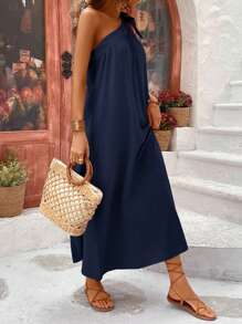 Breezaya Vestido de playa largo con un solo hombro y detalle de nudo lateral, atuendo vacacional para mujer - Azul Marino - Ver 4