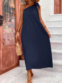 Breezaya Vestido de playa largo con un solo hombro y detalle de nudo lateral, atuendo vacacional para mujer - Azul Marino - Ver 5