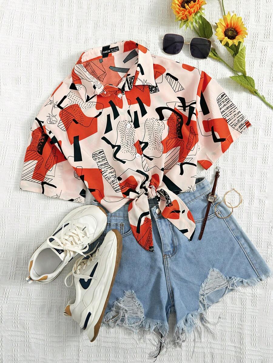 SHEIN Unity 圖案印花下擺打結襯衫 - 彩色 - 查看 1