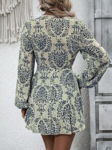 Allover Print Lantern Sleeve Knot Front Kimono For Summer Beach Vacation - Blue - View 2