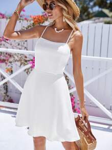 Cloudara Vestido de tirantes con tira cruzada de espalda abierta con cordón - Blanco - Ver 3
