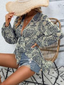 Allover Print Lantern Sleeve Knot Front Kimono For Summer Beach Vacation - Blue - View 5