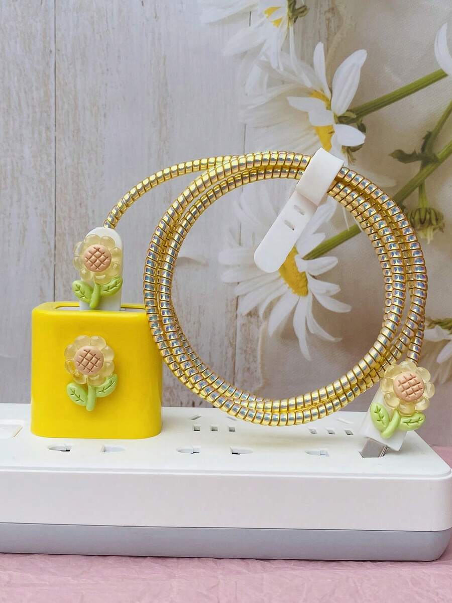 5入組花朵裝飾數據線保護套和充電器頭套 - 黃色 - 查看 1