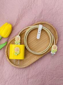 5入組花朵裝飾數據線保護套和充電器頭套 - 黃色 - 查看 2