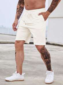 Manfinity Homme Hombres Shorts de cintura con cordón con bolsillo oblicuo - Beis - Ver 3