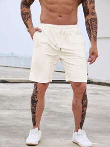 Manfinity Homme Hombres Shorts de cintura con cordón con bolsillo oblicuo - Beis - Ver 4