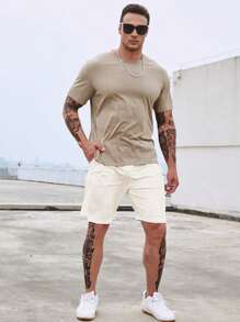 Manfinity Homme Hombres Shorts de cintura con cordón con bolsillo oblicuo - Beis - Ver 5