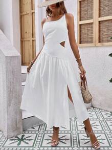 SHEIN VCAY Vestido unicolor con cremallera trasera con abertura de muslo con abertura - Blanco - Ver 1
