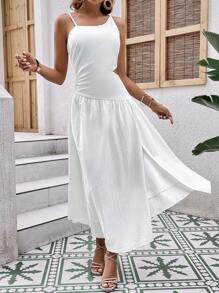 SHEIN VCAY Vestido unicolor con cremallera trasera con abertura de muslo con abertura - Blanco - Ver 5