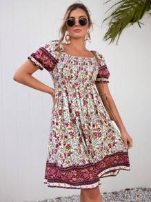 SHEIN LUNE 印花泡泡袖連衣裙 - 彩色 - 查看 1