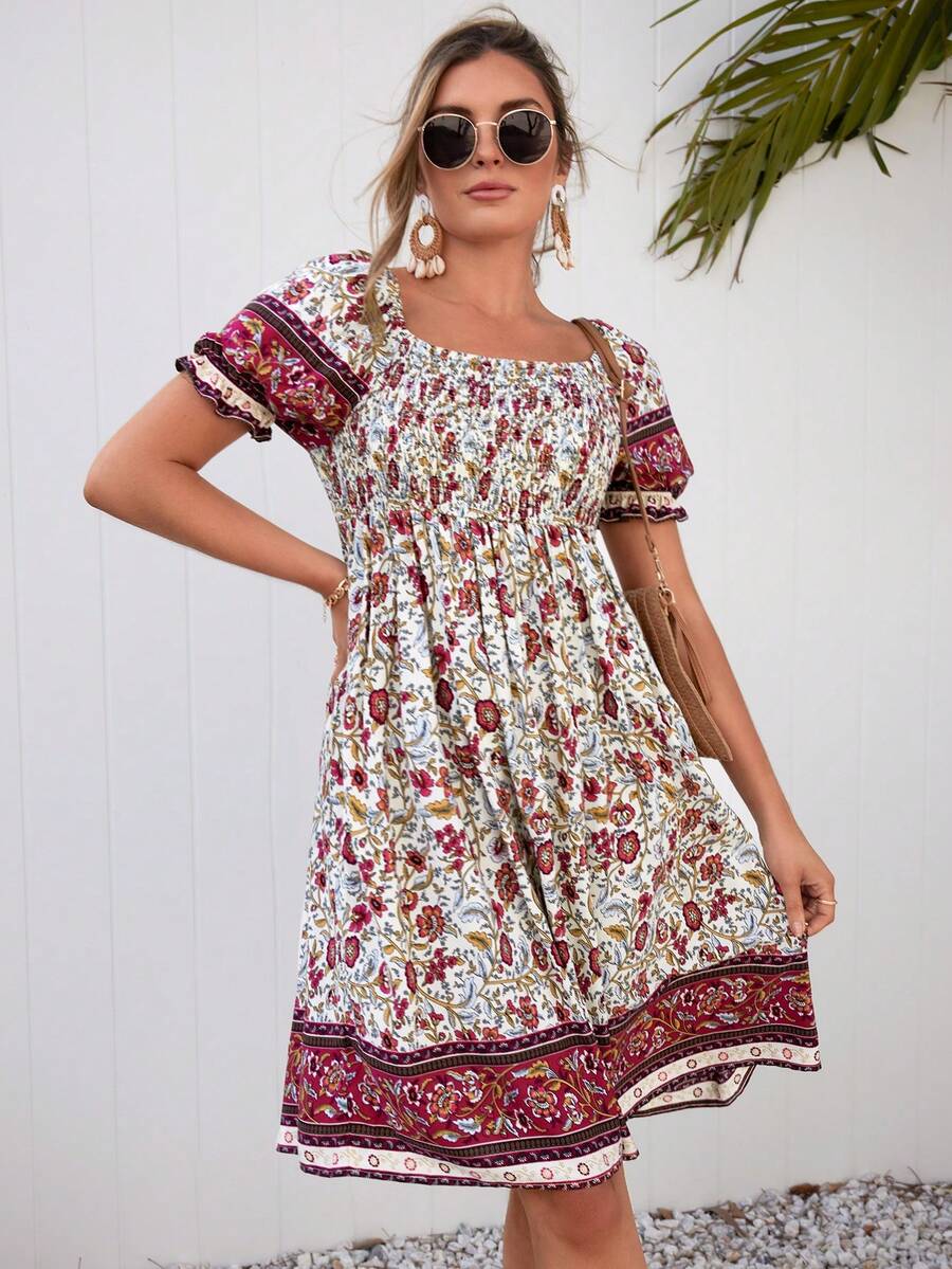 SHEIN LUNE 印花泡泡袖連衣裙 - 彩色 - 查看 1