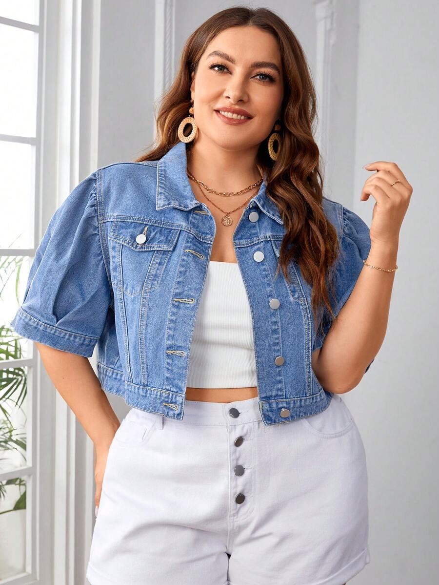 Áo Jacket Denim Plus Size Túi Nút phía trước màu trơn Giải trí - Rửa nhẹ - Xem 1
