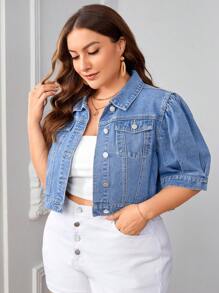 Áo Jacket Denim Plus Size Túi Nút phía trước màu trơn Giải trí - Rửa nhẹ - Xem 5