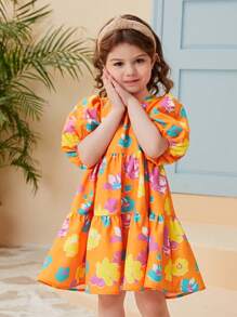 SHEIN Vestido Com Mangas Estufadas E Borda Babada Com Estampa Floral Para Meninas Jovens