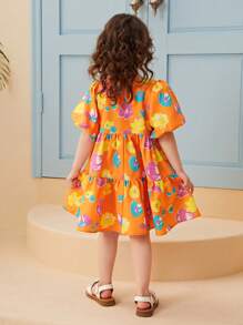 SHEIN Vestido Com Mangas Estufadas E Borda Babada Com Estampa Floral Para Meninas Jovens