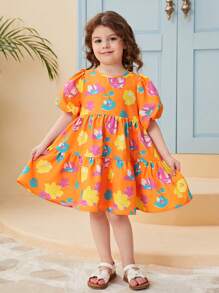 SHEIN Vestido Com Mangas Estufadas E Borda Babada Com Estampa Floral Para Meninas Jovens