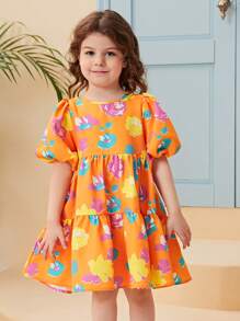 SHEIN Vestido Com Mangas Estufadas E Borda Babada Com Estampa Floral Para Meninas Jovens