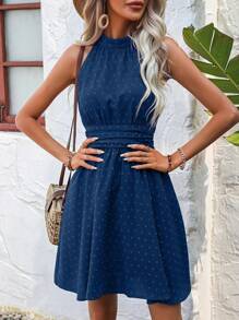 SHEIN LUNE Đầm Dải chun màu trơn Giải trí - Xanh đậm - Xem 1