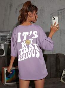 SHEIN EZwear 標語圖案落肩袖超大號T恤 - 淺灰紫 - 查看 1