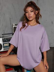 SHEIN EZwear 標語圖案落肩袖超大號T恤 - 淺灰紫 - 查看 4