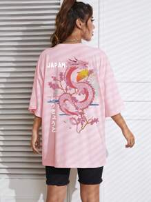 SHEIN EZwear Áo thun nữ Thú vật Lá thư Giải trí - Hồng - Xem 1