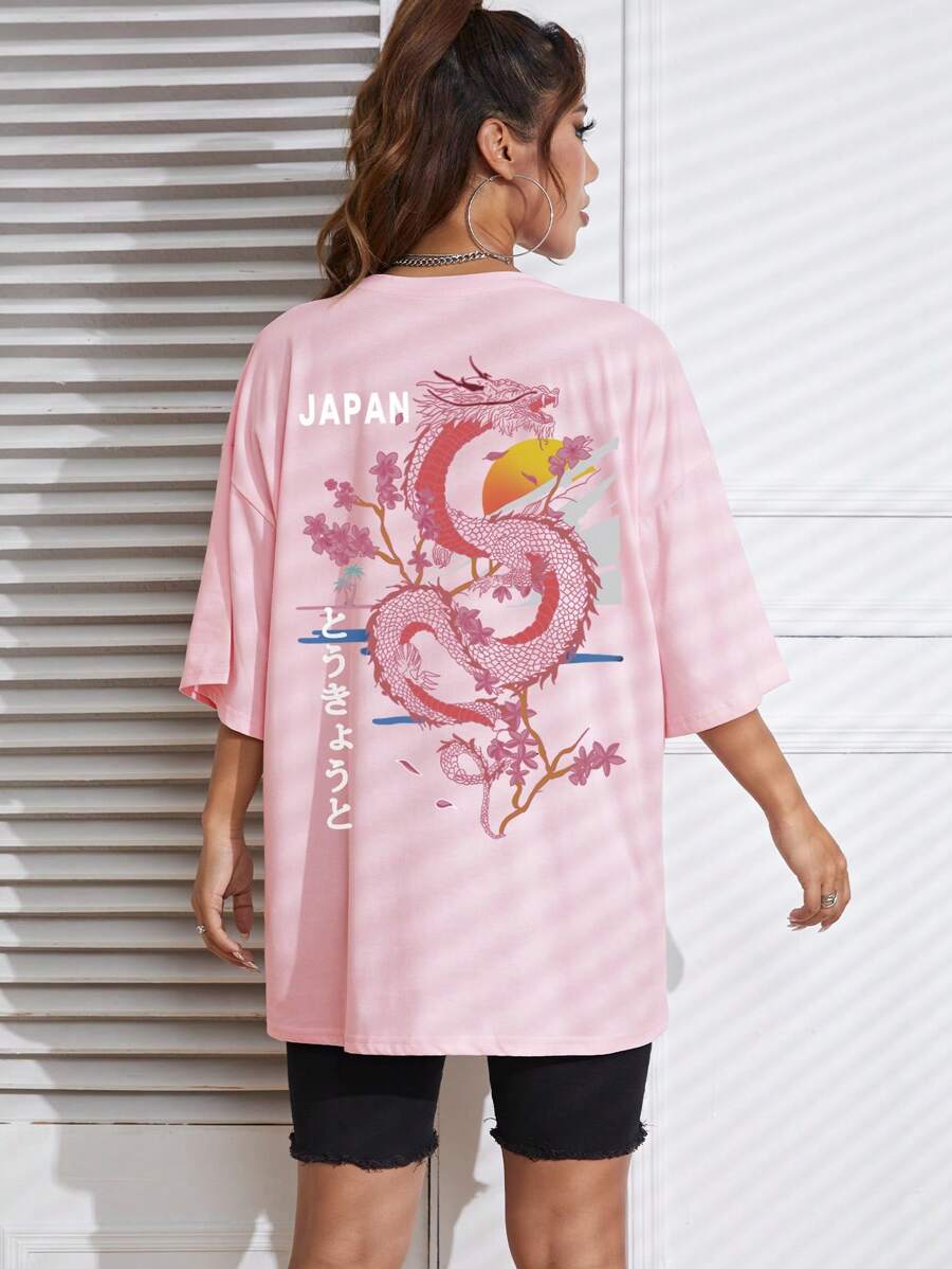 SHEIN EZwear Áo thun nữ Thú vật Lá thư Giải trí - Hồng - Xem 1