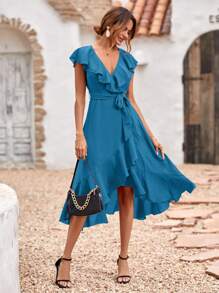 SHEIN VCAY Đầm Thắt lưng Xù Trọn gói màu trơn Giải trí - Màu xanh ngọc - Xem 6