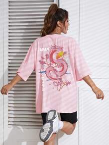 SHEIN EZwear Áo thun nữ Thú vật Lá thư Giải trí - Hồng - Xem 3