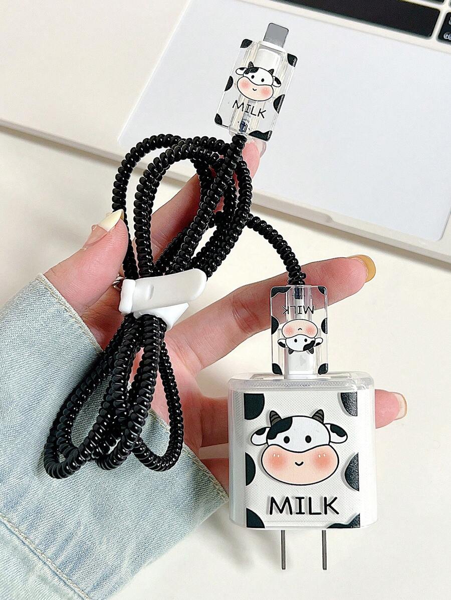 5pcs/Set Cartoon Cow Themed 1.5m Cable Organizer, Bend & Break-Proof Silicone Charging Head And Protection Cable Compatible With Apple 20w Fast Charging Data Cable - Black and White - View 1