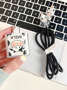 5pcs/Set Cartoon Cow Themed 1.5m Cable Organizer, Bend & Break-Proof Silicone Charging Head And Protection Cable Compatible With Apple 20w Fast Charging Data Cable - Black and White - View 2