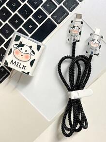 5pcs/Set Cartoon Cow Themed 1.5m Cable Organizer, Bend & Break-Proof Silicone Charging Head And Protection Cable Compatible With Apple 20w Fast Charging Data Cable - Black and White - View 3