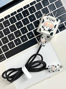 5pcs/Set Cartoon Cow Themed 1.5m Cable Organizer, Bend & Break-Proof Silicone Charging Head And Protection Cable Compatible With Apple 20w Fast Charging Data Cable - Black and White - View 5